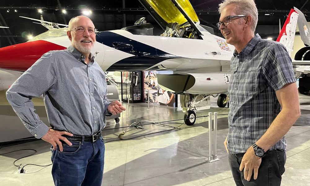 Timothy Gaffney, left, retired Dayton Daily News aviation and military affairs writer, and Ty Greenlees, retired DDN photographer, covered the Dayton Air Show every year for decades. THOMAS GNAU/STAFF WRITER