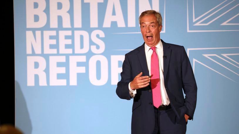 Reform UK Leader Nigel Farage speaks at a meeting while on the general election campaign trail, in Boston, England, Thursday June 27, 2024. (Paul Marriott/PA via AP)