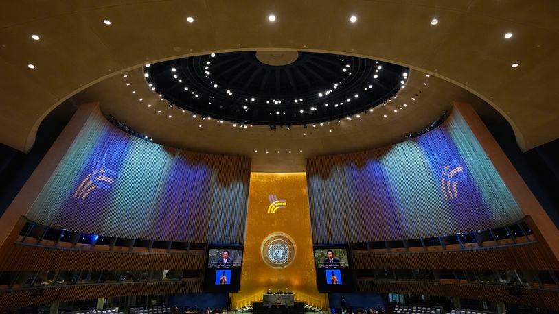 Japan's Prime Minister Fumio Kishida speaks to the United Nations General Assembly during Summit of the Future, Sunday, Sept. 22, 2024 at U.N. headquarters. (AP Photo/Frank Franklin II)