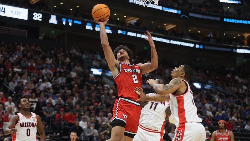 Dayton's Nate Santos shoots against Arizona in the second round of the NCAA tournament on Saturday, March 23, 2024, at the Delta Center in Salt Lake City, Utah. David Jablonski/Staff