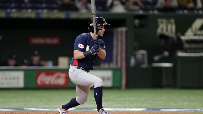 TOKYO, JAPAN - NOVEMBER 17: Outfielder Mark Payton #4 of the United States hits a grounder into a double play in the top of 3rd inning during the WBSC Premier 12 Bronze Medal final game between Mexico and USA at the Tokyo Dome on November 17, 2019 in Tokyo, Japan. (Photo by Kiyoshi Ota/Getty Images)