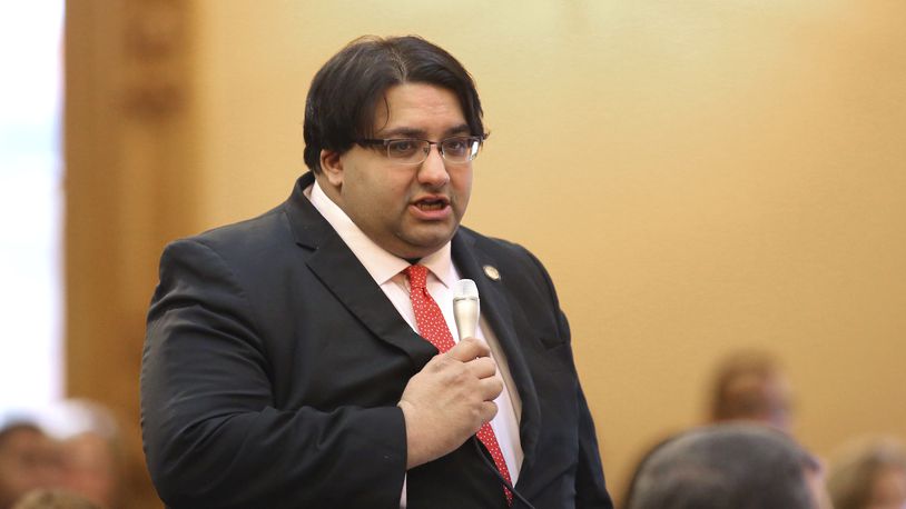 State Sen. Niraj Antani, R-6th District, speaks as part of debate in the Senate Chambers in Columbus, Ohio, Wednesday, Feb. 28, 2024. (AP Photo/Joe Maiorana)