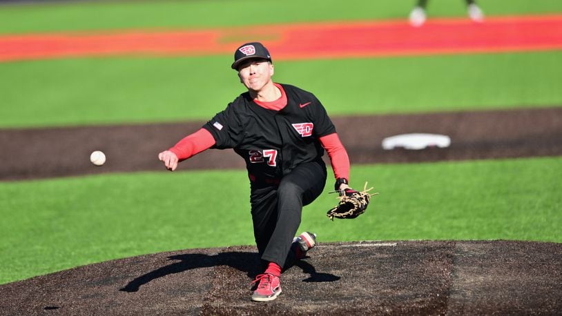 Dayton's Nick Wissman pitches in a season-opening series against Lindenwood in 2024 at UD's Woerner Field. UD photo