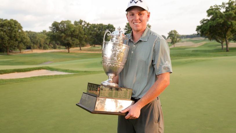 Ian Gilligan holds the George R. Horne trophy after winning the Western Amateur Championship on Saturday, Aug. 3, 2024, at Moraine Country Club in Dayton. Photo courtesy of Western Amateur