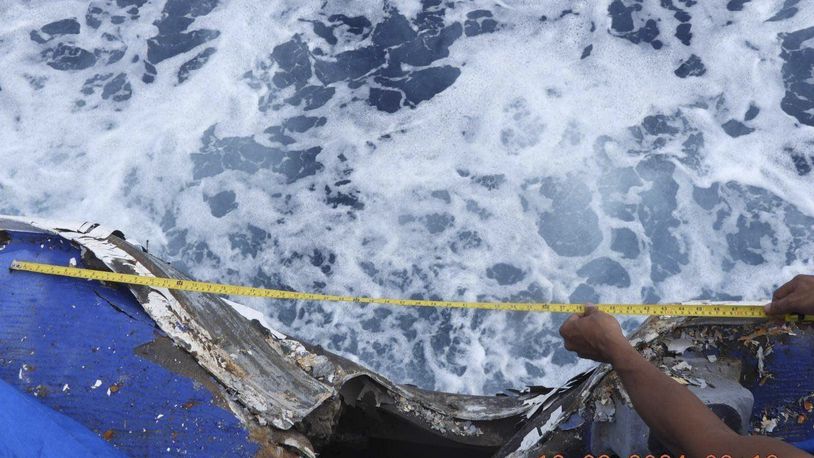 This photo provided by the Philippine Coast Guard, shows damage on the Philippines coast guard vessel BRP Cape Engano (MRRV-4411) after a collision with a Chinese coast guard ship Monday, Aug. 19, 2024 in the disputed South China Sea. (Philippine Coast Guard via AP)