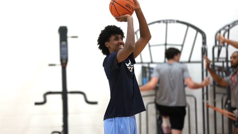 Dayton's Hamad Mousa shoots during a summer practice on Monday, July 22, 2024, at the Cronin Center. David Jablonski/Staff