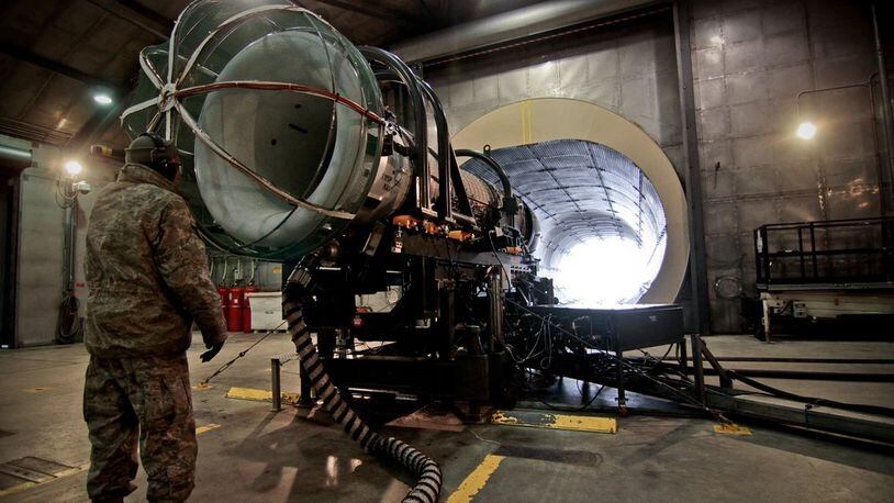 U.S. Air Force Tech. Sgt. Jim McNally checks over a General Electric F110 engine after a test run in 2013 at Atlantic City International Airport, N.J. The GE-F110 is used in the 177th Fighter Wing's F-16C Fighting Falcon aircraft. (U.S. Air Force photo/Tech. Sgt. Matt Hecht)