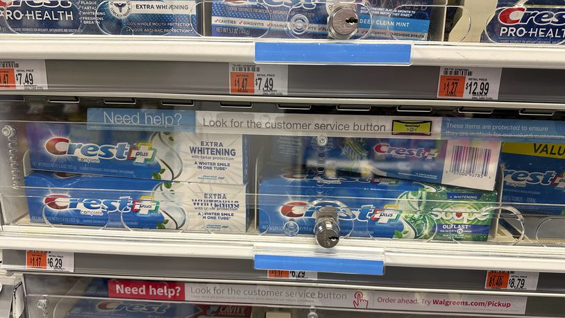 FILE - Tubes of toothpaste are displayed behind a locked, plastic barrier to prevent shoplifters from stealing the products at a store in the Manhattan borough of New York on January 31, 2024. (AP Photo/Ted Shaffrey)