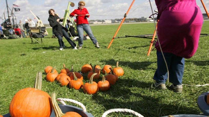 A human-powered chucker flings pumpkins at a Wright-Patterson Pumpkin Chuck competition at the National Museum of the U.S. Air Force. JIM WITMER/STAFF FILE PHOTO
