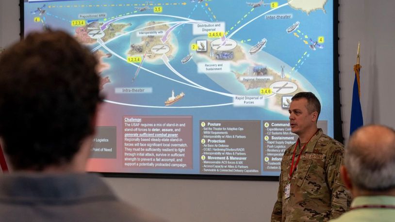 Lt. Col. Jarrett Weiblen, assigned to Headquarters Air Force futures and concepts division, briefs members of the Rapid Sustainment Office at the RSO building in Beavercreek, Aug. 29, 2023.  (U.S. Air Force photo by Staff Sgt. Mikaley Kline)