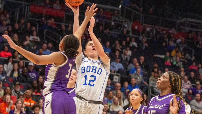 Springboro's Bryn Martin shoots for two her 17 first-half points Friday night in the Division I state semifinals at UD Arena against Pickerington Central. Jeff Gilbert/CONTRIBUTED