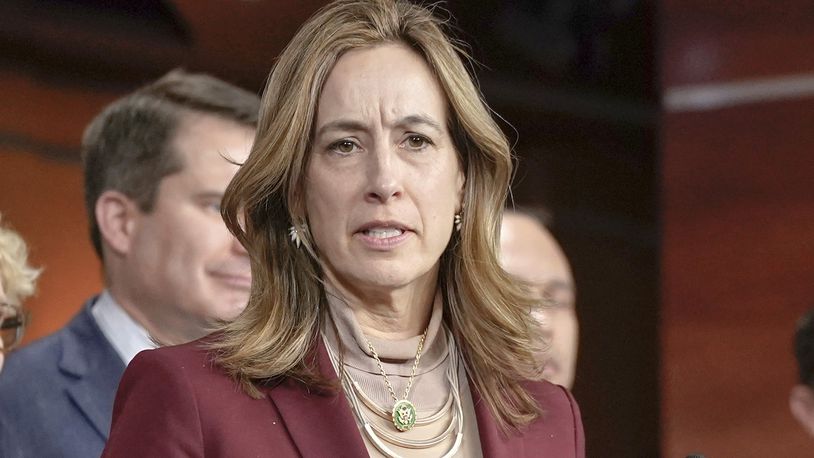 FILE - Rep. Mikie Sherrill, D-N.J., speaks during a news conference on Capitol Hill, Feb. 13, 2024, in Washington. (AP Photo/Mariam Zuhaib, File)