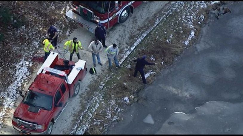 Rescue crews saved a dog that fell into an icy pond.