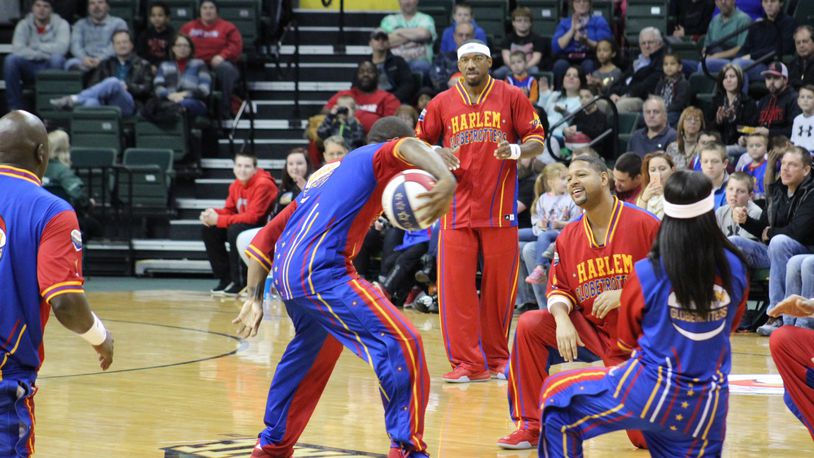 Members of the Harlem Globetrotters perform at Wright State’s Nutter Center, Thursday, Dec. 31, 2015. Staff photo by Todd Jackson