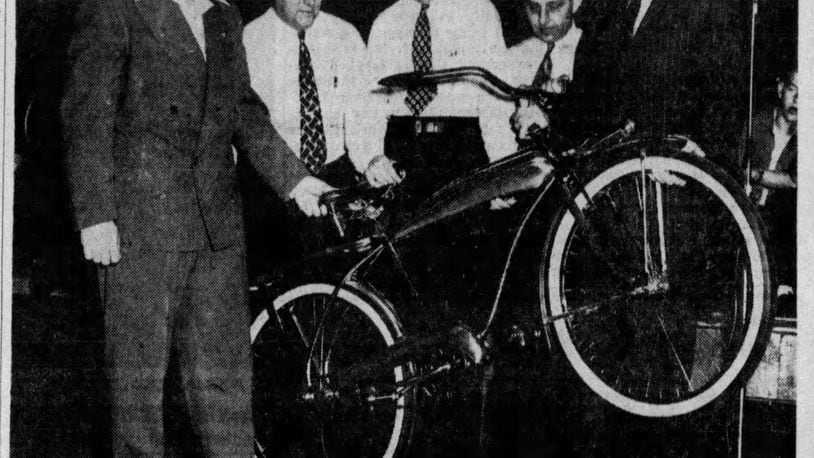 The one-millionth bicycle manufactured by Huffman Manufacturing rolled off the assembly line on May 13, 1947. It had a chrome frame plated with 14-karat gold. DAYTON HEARLD ARCHIVES 1947