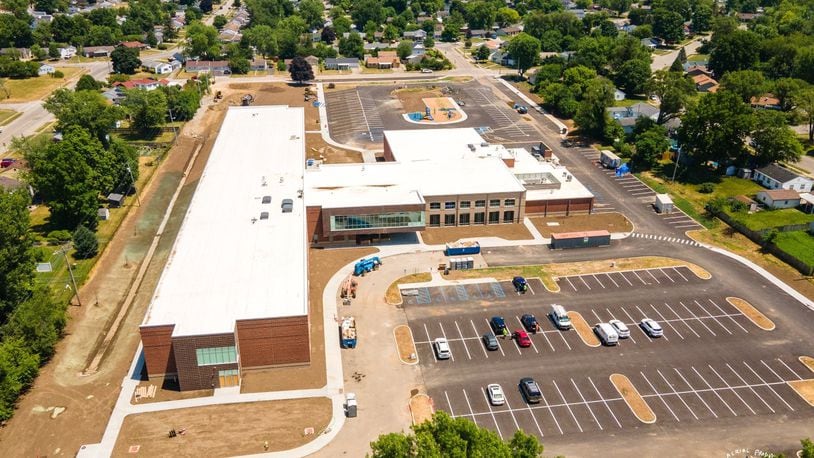 Final construction steps for the new Fairborn Intermediate school are slightly behind, leading the school district to move its start date back to Sept. 6, 2022. Contributed photo by Mark Rickert, Busy Bee Aerial Productions LLC