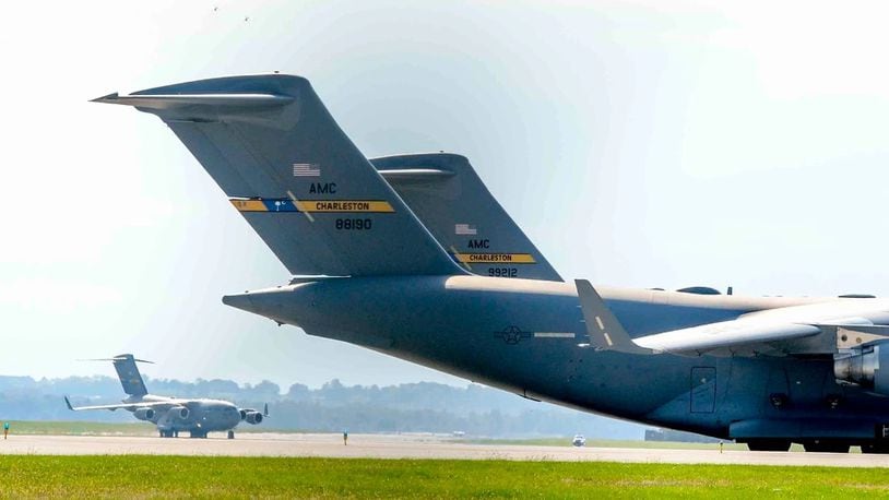 A C-17 Globemaster III from Joint Base Charleston, S.C, taxis on the runway at Wright-Patterson Air Force Base, Oct. 5, 2016. The C-17 was one of several planes using Wright-Patterson as a safe haven while Hurricane Matthew threatens their home station. (U.S. Air Force photo by Wesley Farnsworth)