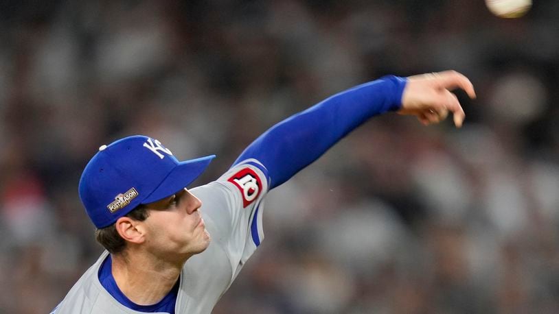 Kansas City Royals pitcher Cole Ragans delivers against the New York Yankees during the first inning of Game 2 of the American League baseball playoff series, Monday, Oct. 7, 2024, in New York. (AP Photo/Seth Wenig)