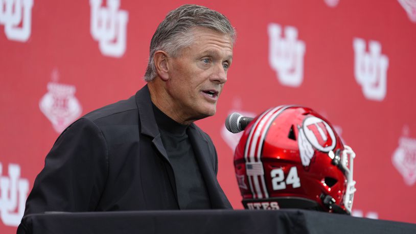 FILE - Utah head coach Kyle Whittingham speaks during the Big 12 NCAA college football media days in Las Vegas, Tuesday, July 9, 2024. (AP Photo/Lucas Peltier, File)