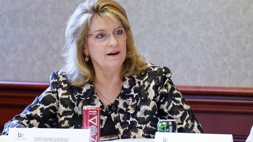 State Representative Jennifer Gross speaks during a meeting with Butler County Commissioners to discuss property taxes with state legislators and other elected officials Monday, June 24, 2024 in Hamilton. NICK GRAHAM/STAFF