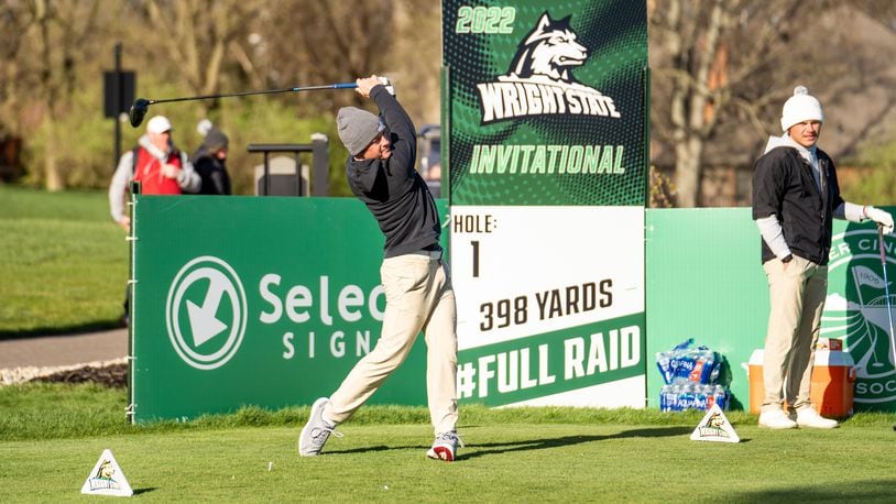 Wright State's Tyler Goecke hits his tee shot on the opening hole at Heatherwoode during last week's Wright State Invitational. Wright State Athletics photo