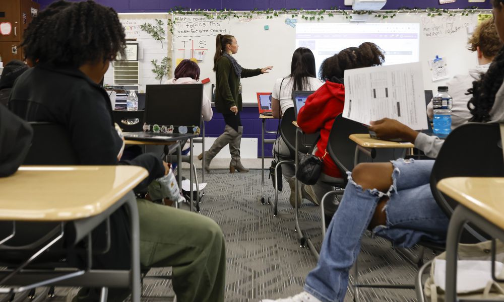 Eighth-grade teacher Audrey Espino teaches a class at Middletown Middle School Wednesday, April 19, 2023. Middletown Middle School and High School will be the first in the city to get barricade buckets distributed to classrooms. Atrium Medical Center and Middletown Division of Police partnered to put emergency kits in Middletown City School district classrooms. Donations from Lowe's, Harbor Freight Tools and Matthew 25: Ministries made it possible to put together 168 buckets with supplies to be used in emergency situations. NICK GRAHAM/STAFF