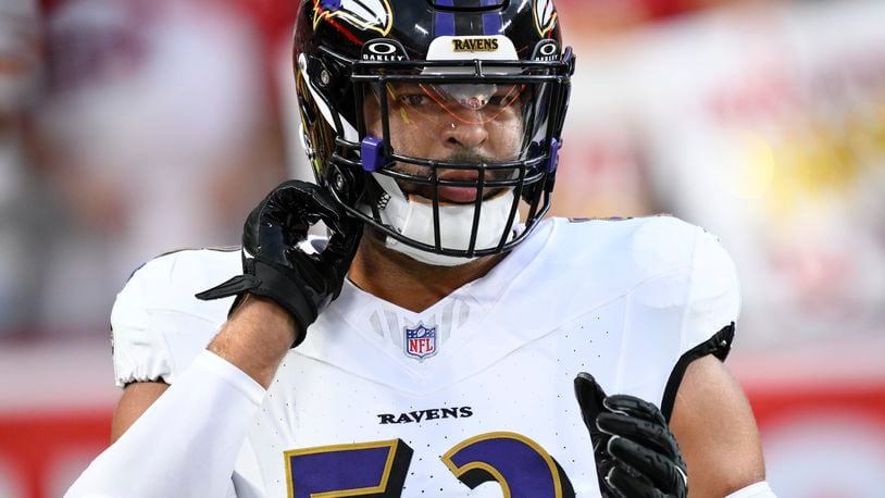 FILE -Baltimore Ravens linebacker Kyle Van Noy takes part in drills before the start of an NFL football game against the Kansas City Chiefs, Thursday, Sept. 5, 2024 in Kansas City, Mo. The Chiefs defeated the Ravens by a score of 27-20. (AP Photo/Reed Hoffmann, File)