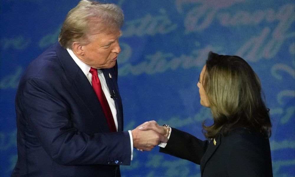 Republican presidential nominee former President Donald Trump shakes hands with Democratic presidential nominee Vice President Kamala Harris during an ABC News presidential debate at the National Constitution Center, Tuesday, Sept.10, 2024, in Philadelphia. (AP Photo/Alex Brandon)