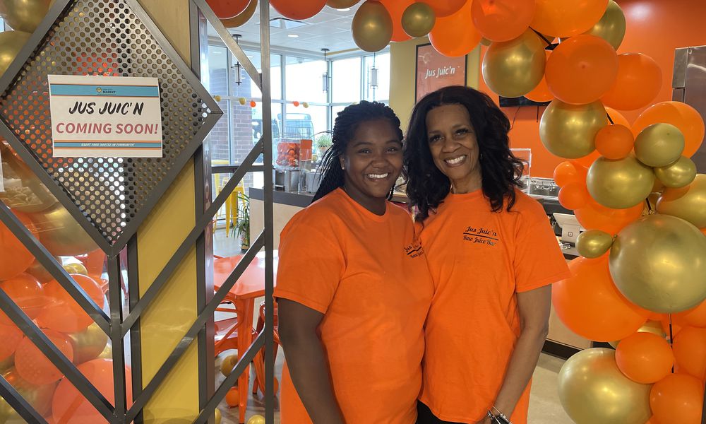 Jus Juic’n is holding a grand opening for its third location in the Dayton region inside Gem City Market at noon on Saturday, April 13. Pictured is General Manager T’Aira Scott and her mom, Shari Mann, the president of Jus Juic’n. NATALIE JONES/STAFF