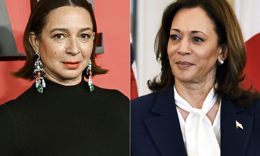 Maya Rudolph appears at the Time100 Gala in New York on April 25, 2024, left, and Vice President Kamala Harris appears at a luncheon for Japanese Prime Minister Fumio Kishida at the State Department in Washington on April 11, 2024. (AP Photo)