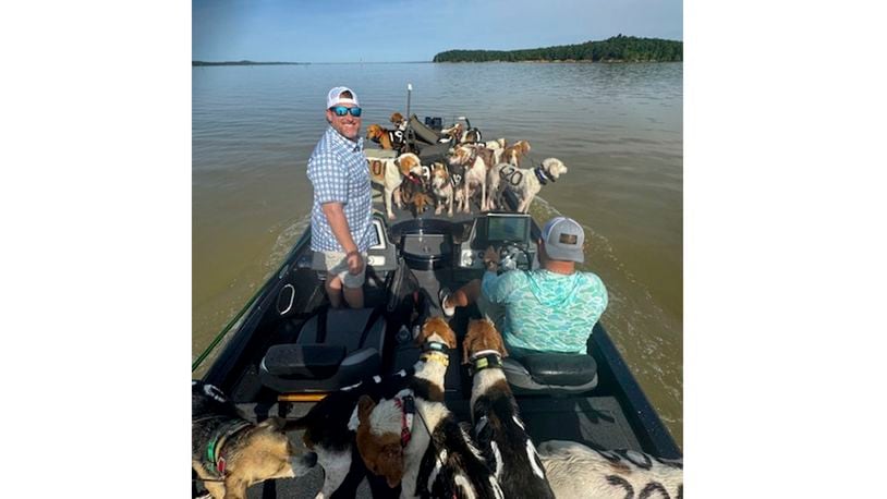 Fisherman Brad Carlisle, left, and fishing guide Jordan Chrestman bring one of three boatloads of dogs back to shore after they were found struggling to stay above water far out in Mississippi's Lake Geneva. (Bob Gist via AP)