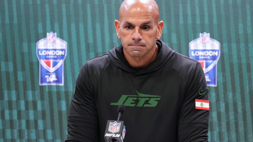 FILE - New York Jets head coach Robert Saleh talks to reporters after an NFL football game against the Minnesota Vikings, Sunday, Oct. 6, 2024, at the Tottenham Hotspur stadium in London. (AP Photo/Kirsty Wigglesworth, File)