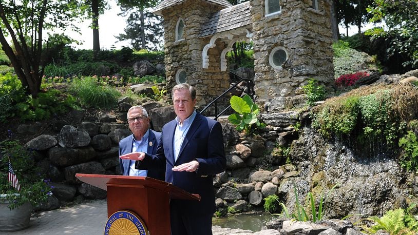 Congressman Mike Turner, right, and Congressman Mike Bost, Chairman of the House Veterans' Affairs Committee, held a press conference at the Grotto Gardens Wednesday, Aug 2, 2023 following their tour of the Dayton Veterans Affairs Medical Center Complex. MARSHALL GORBY\STAFF
