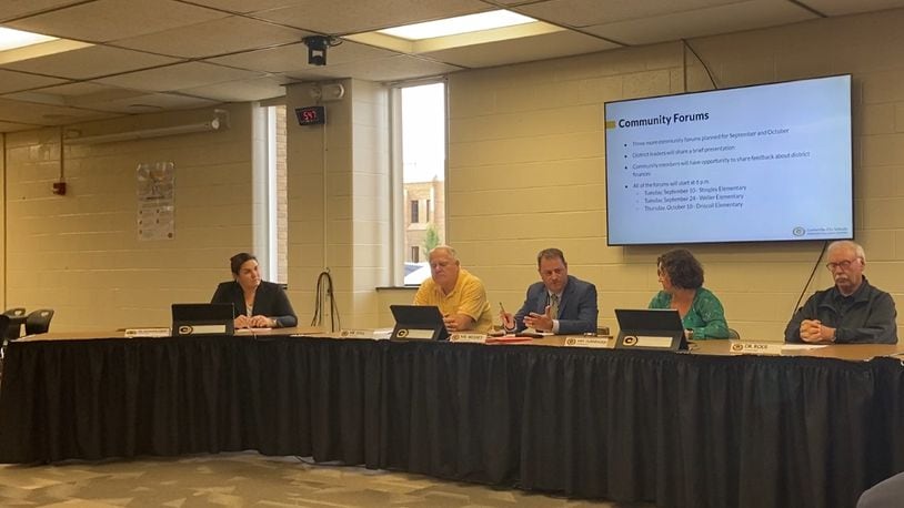 Centerville City Schools Board of Education at its Sept. 3, 2024 meeting unanimously approved a series of reductions that would be implemented if the district's 3.9-mill levy is rejected by voters this November. The reductions would include eliminating staffing, student support services and administrative positions based on enrollment needs and reducing elective course offerings. ERIC SCHWARTZBERG/STAFF