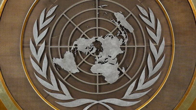 FILE - The United Nations logo is seen inside the 79th session of the United Nations General Assembly, Tuesday, Sept. 24, 2024. (AP Photo/Pamela Smith, File)