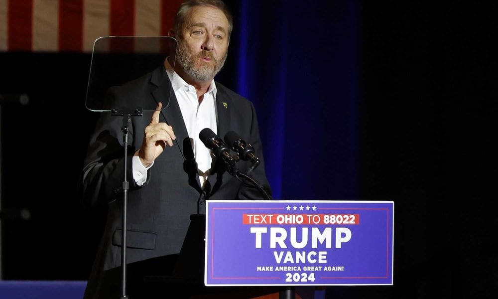 Attorney General of Ohio Dave Yost speaks during the rally for vice-presidential candidate JD Vance at Middletown High School, Monday, July 22, 2024. NICK GRAHAM/STAFF