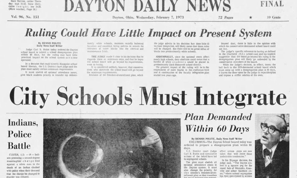 Front page of the Feb. 7, 1973 Dayton Daily News on a court order to desegregate Dayton schools.