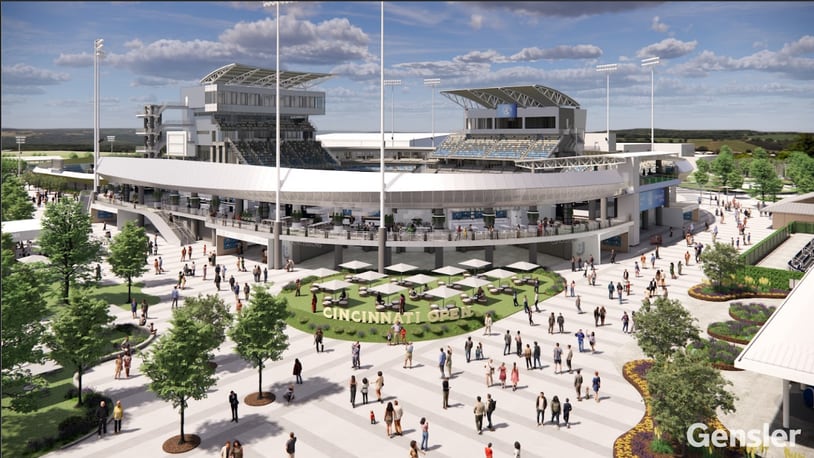 This is a rendering of facade improvements planned for Center Court and the Grandstand Court at the Lindner Family Tennis Center in Mason, home of the Cincinnati Open tennis tournament. The improvements are part of a $260 million renovation of the facility. CONTRIBUTED/CINCINNATI OPEN