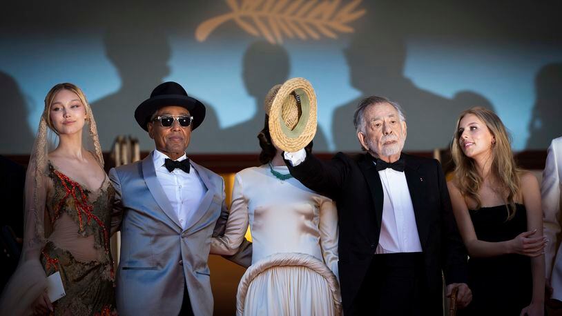 Grace VanderWaal, from left, Giancarlo Esposito, Aubrey Plaza, director Francis Ford Coppola, and Romy Mars pose for photographers upon arrival at the premiere of the film 'Megalopolis' at the 77th international film festival, Cannes, southern France, Thursday, May 16, 2024. (Photo by Scott A Garfitt/Invision/AP)