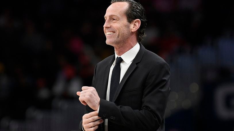 FILE - Brooklyn Nets coach Kenny Atkinson watches during the first half of the team's NBA basketball game against the Washington Wizards, Feb. 1, 2020, in Washington. The Cleveland Cavaliers are hiring Golden State assistant Kenny Atkinson as their new coach, a person familiar with decision told the Associated Press on Monday, June 24, 2024. (AP Photo/Nick Wass, File)