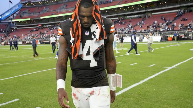 Cleveland Browns' Deshaun Watson walks off the field after an NFL football game against the Dallas Cowboys in Cleveland, Sunday, Sept. 8, 2024. (AP Photo/Sue Ogrocki)