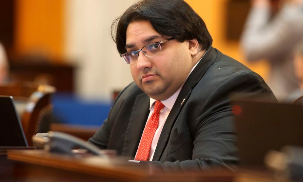 FILE - State Sen. Niraj Antani, R-6th District, listens during a debate in the Senate Chambers in Columbus, Ohio, Wednesday, Feb. 28, 2024. Antani is one of 11 candidates vying for the Republican nomination for a seat in Ohioâs 2nd Congressional District, which extends from suburban Cincinnati to the West Virginia border. The winner of the primary will face Democrat Samantha Meadows in the November general election. (AP Photo/Joe Maiorana, File)