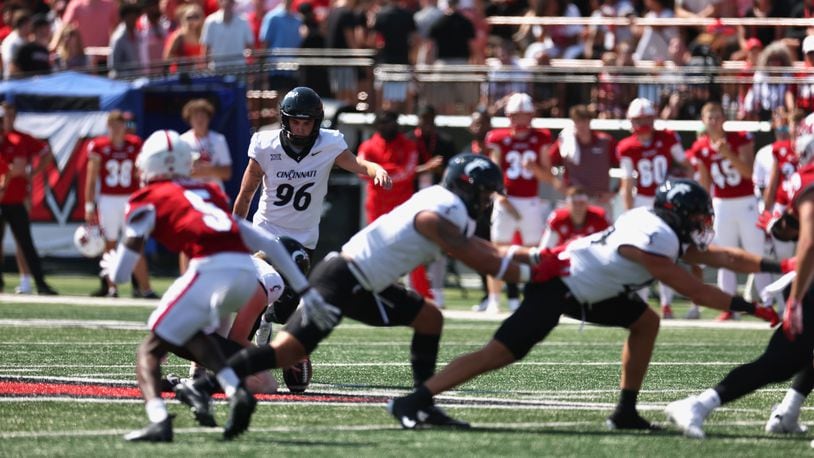 Nathan Hawks kicks during Cincinnati's game against Miami on Saturday, Sept. 14, 2024 at Yager Staduim in Oxford, UC Communications photo by Abdoul Sow