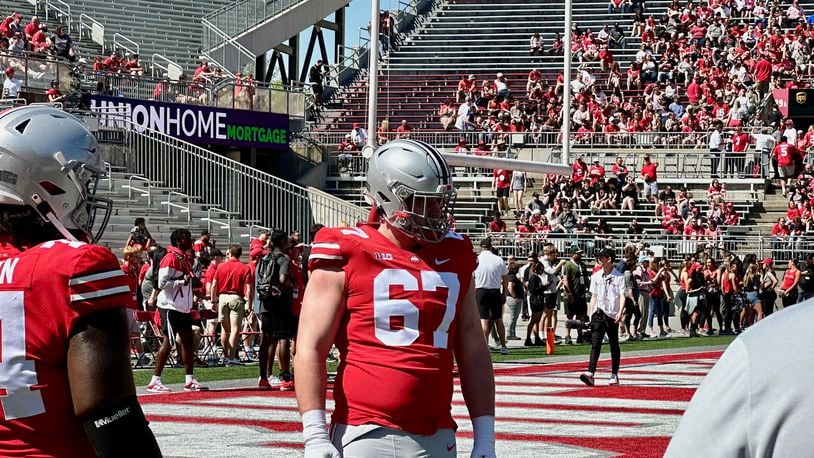 Austin Siereveld of Lakota East High School suits up for the Ohio State football spring game April 15, 2023.