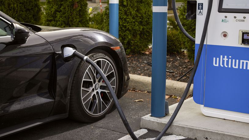 An electric charging station in Columbus, Ohio on Oct. 19, 2023. (Brian Kaiser/The New York Times)