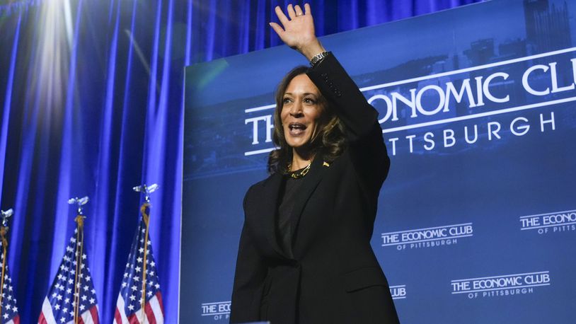 Democratic presidential nominee Vice President Kamala Harris waves after speaking at a campaign event at Carnegie Mellon University, Wednesday, Sept. 25, 2024, in Pittsburgh. (AP Photo/Jacquelyn Martin)