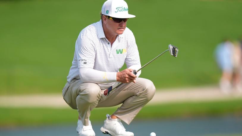 Charley Hoffman lines up a putt on the 16th hole during the first round of the Charles Schwab Challenge golf tournament at Colonial on Thursday, May 23, 2024, in Fort Worth, Texas. (AP Photo/LM Otero