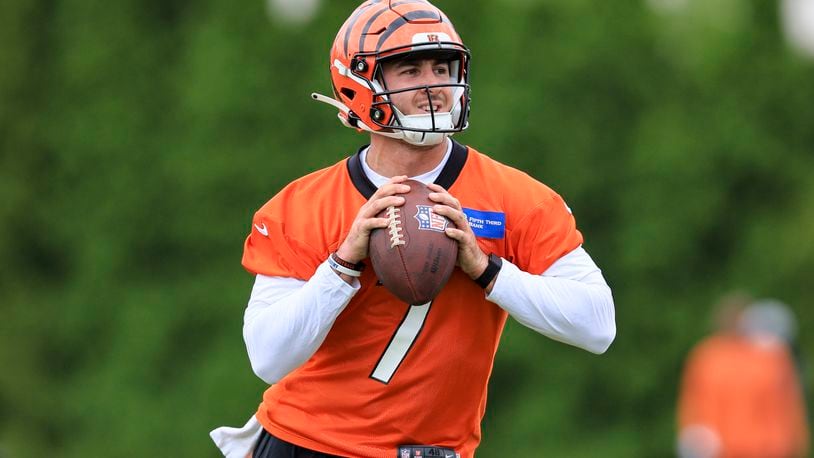 Cincinnati Bengals' Drew Plitt looks to pass during the NFL football team's training camp in Cincinnati, Wednesday, July 27, 2022. (AP Photo/Aaron Doster)