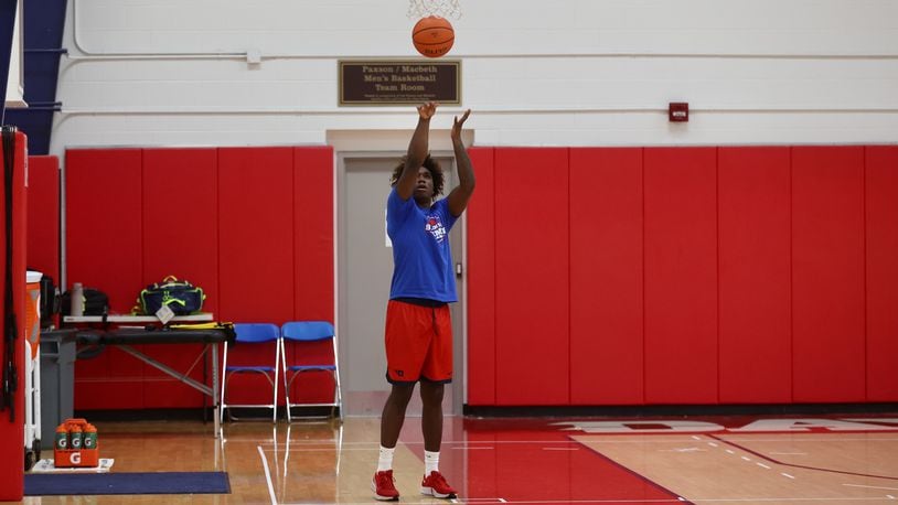 Dayton's Marvel Allen shoots during a summer practice on Monday, July 22, 2024, at the Cronin Center. David Jablonski/Staff