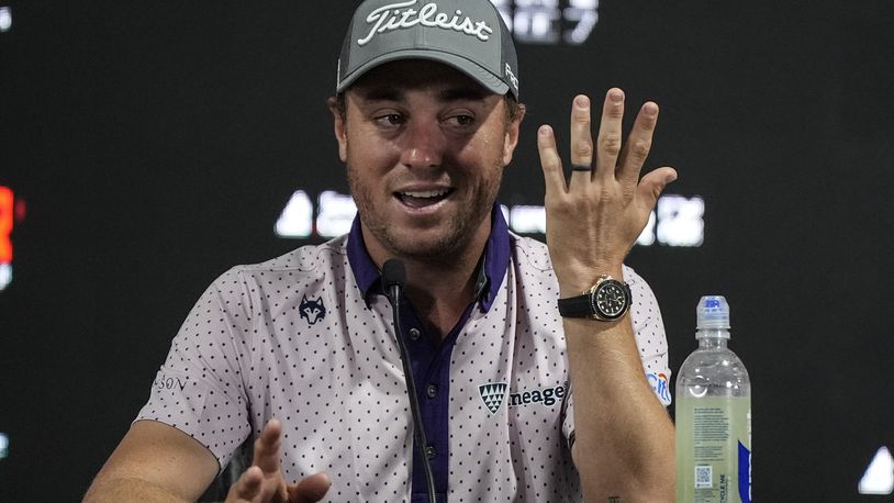 Justin Thomas speaks during a news conference ahead of a practice round for the Tour Championship golf tournament, Wednesday, Aug. 28, 2024, in Atlanta. (AP Photo/Mike Stewart)